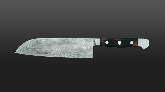 
                    Il coltello damasco Güde a forma di Santoku