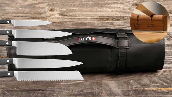 
                    Knife bag Wok Classic with knife sharpener with Kai Wasabi knives and sknife knife sharpener